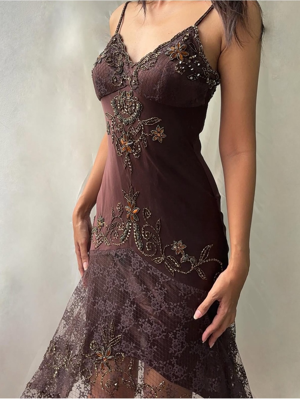 Vintage Cache Beaded Embellished Brown Lace Slip Dress